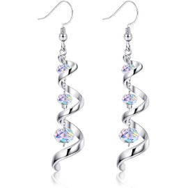 MILACOLATO Crystal Dangle Earrings Long Drop Earrings For Women, 925 Sterling Silver Fishhook Earrings, Spiral Ribbon Multi Teardrop Sparkly Crystal Drop Dangly Earrings Jewellery Gifts For Her Cr