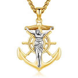 DRINSPER Crucifix Necklace 18K Gold Plated Cross Necklace Christian Gifts for Men Women 925 Sterling Sliver Anchor Pendant Jesus Religious Prayer Necklace Jewelry