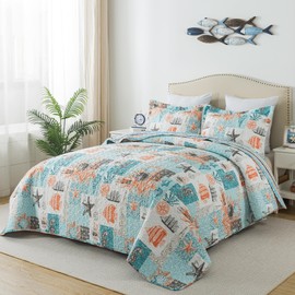HoneiLife King Quilt Bedding Set - 3 Pieces Coastal Quilt Sets Beach Bedspreads Ocean Coverlets Lightweight Bed Cover Summer Quilts King Size