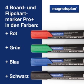 magnetoplan Board and Flipchart Marker PRO+, Pack of 4, All-Round Marker with Bullet Tip in 4 Bright Colours, Line Width 1.5-3 mm, for Whiteboards and Flipchart Paper