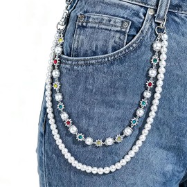 Layered Pants Chain Hip Hop Gothic Wallet Chain Metal Pearl Punk Jeans Chain with Rhinestone for Women Men (Silver)