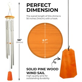 Hanway Beautiful Wind Chimes with Deep Tone for Outside - 6 Durable Anodized Aluminum Tubes, Real Wood Top & Windsail, Convenient Hanging Hook. for Indoor, Memorial, Sympathy,(Silver, 56 inche)