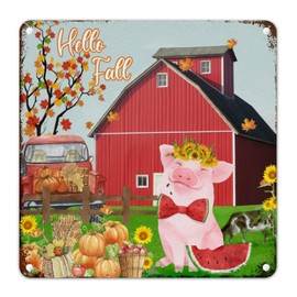 Fall Gift Thanksgiving Wall Decor Metal Sign Farm Barn Sunflower Red Truck Hello Fall Pig Metal Tin Sign Autumn Retro Aluminum Metal Signs for Bedroom Yard Garage Garden 12x12in