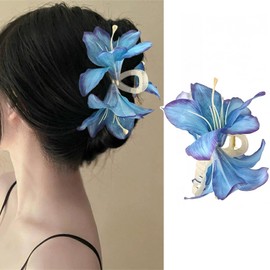Artificial Flowers Hair Claw Clips Lilies Flower Hair Clips Non Slip Strong Hold Large Hair Barrettes Blue Floral Womens Hair Accessories Fashion Cute Jaw Clamp Decorations for Thick Thin Hair 1Pcs