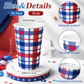 Tioncy 50 Pcs 12oz Patriotic Paper Cups, Red White Blue Gingham Disposable Checkered Coffee Cup for Patriots Day for Patriotic Party Supplies Decoration Hot Cold Drink Home BBQ Camp Drink Decorations