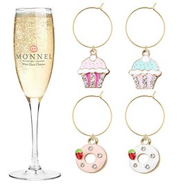 MONNEL P460 Crystal Cupcake Donut Wine Charms Glass Marker for Party with Velvet Bag- Set of 4