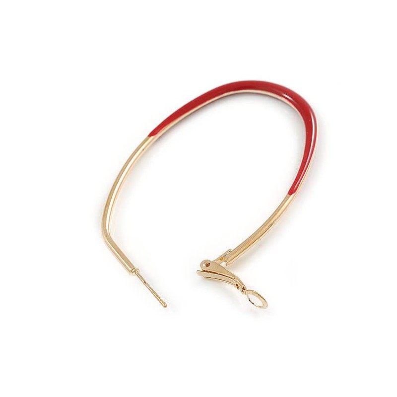 60mm Tall/Gold Tone with Red Enamel Oval Hoop Earrings/Large Size
