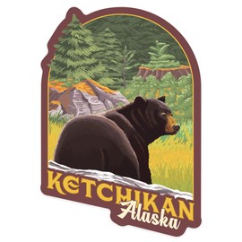 Die Cut Sticker Ketchikan, Alaska, Bear in Forest, Contour Vinyl Sticker 1 to 3 inches (Waterproof Decal for Cars, Water Bottles, Laptops, Coolers), Small