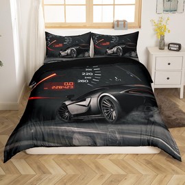 Homewish Black Racing Car Bedding Boys Single Duvet Cover Set Kids Race Car Quilt Cover, 3D Printed Microfibre Bedding & Linen Cool Extreme Sports Comforter Cover With 1 Pillowcase