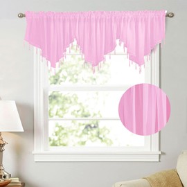 Beaded Sheer Windows Valance 130 cm W x 60 cm L, Scalloped Kitchen Curtain, Bathroom Swag Sheer with Rod Pocket, Short Valance Drape for Bedroom Living Room (Light Pink)