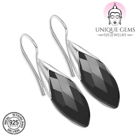 Unique faceted Black Onyx Drop Earrings 925 Sterling Silver 13 Carat Marquise- Navette Cut Jeweller's Quality Art Nouveau