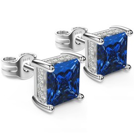 UNFAAR 18K White Gold Plated Sterling Silver Princess Cut Cubic Zirconia Stud Earrings Square CZ Diamond Stud Earrings for Women Men Hypoallergenic (6MM, Blue)