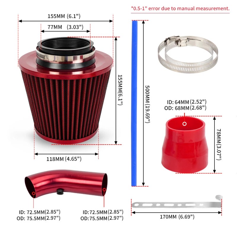BARTOO Red Performance 3" Universal Cold Air Intake Induction Hose