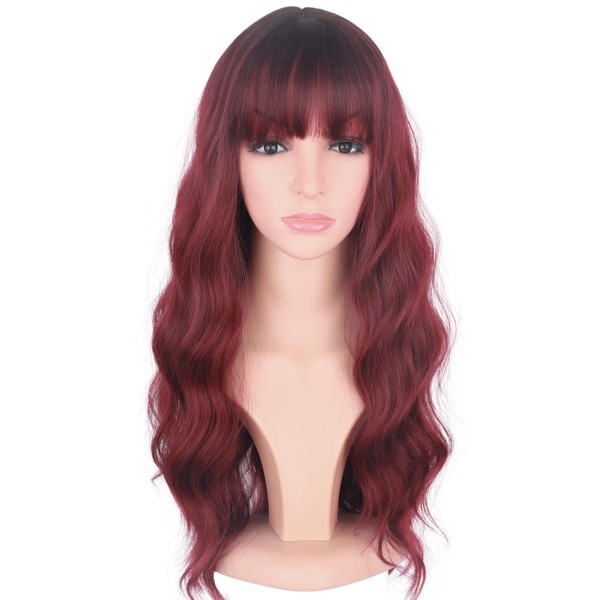 SYMEIW Red Hair Wavy Wigs With Bangs For Women Synthetic