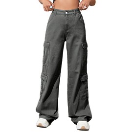 Women's High Waist Cargo Pants Flap Pocket Baggy Cargo Jeans Y2K Wide Leg Denim Jeans Straight Casual Loose Trousers Y2K Streetwear Pants-S Grey.