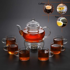 27 oz Glass Filtering Tea Maker Teapot with a Warmer and 6 Tea Cups (4.35 oz cup with a handle)