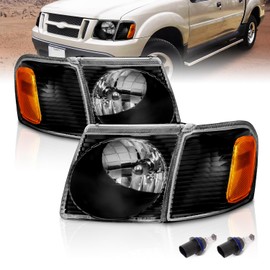 AmeriLite for 2001-2005 Ford Explorer Sport Trac Crystal Black Replacement Headlights with Corner Lamp Set - Passenger and Driver Side