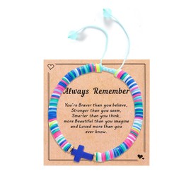 Fuqimanman2020 Cross Heishi Clay Beaded Woven Adjustable Bracelet for Women Colofrul Cross Pendant Summer Surfer Braided Bracelet Communion Religious Jewelry Gift-Blue 2