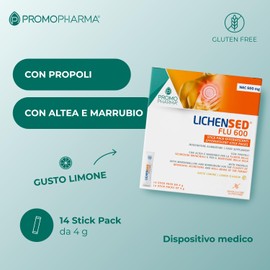 Lichensed Flu 600 - Integratore Alimentare per Mal di Gola, Sintomi Influenzali e Difese Immunitarie - Con Propoli, Altea, Marrubio e NAC - Calma la Gola Irritata e Fluidifica - 14 stick da 4 g