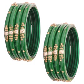 NMII Glass with Zircon Gemstone Or Beads Studded worked Glossy Finished Kada Set For Women and Girls, Pack Of 8 Kada Set (2.2, Design_G391_Green)