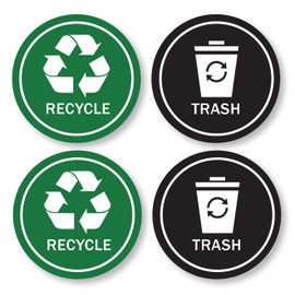 Recycle and Trash Bin Stickers, 3 x 3 Inches, Round Vinyl Stickers, Pack of 4, Green and Black