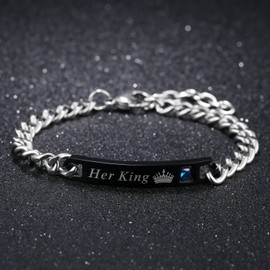 JewelryWe Men’s and Women’s Engraved Her King & His Queen Couple Bracelets, Love and Friendship Bracelets, Stainless Steel and Zirconia with Black, Rose Gold or Silver Engraving Plate - Customisable, Stainless Steel