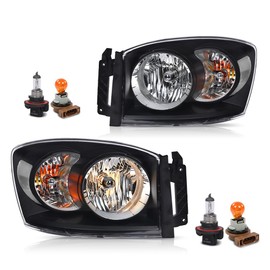 GRAND ORANGE Headlights Assembly w/Bulbs Left and Right Side Compatible with Dodge Ram 1500 Truck 2006-2008 Fit for Dodge Ram 2500 3500 Truck 2006-2009 Clear Lens Black Housing Clear Reflector