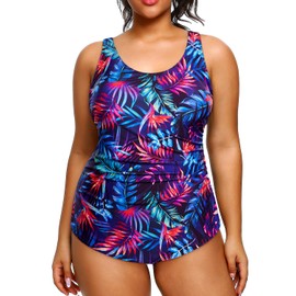 Holipick Blue Purple Leaf Plus Size Sarong One Piece Swimsuit for Women Tummy Control Bathing Suit Ruched Backless Swimwear 20W