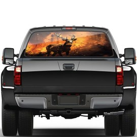 Forest Red Flaming Deer Truck Rear Window Decal, Farmhouse Animal Elk Graphics Car Decor Rear Windshield Decal, Truck Back Window Vinyl Sticker, Fit Most Car Truck SUV Pickup 66x20