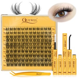 QUEWEL Eyelash Extensions, 120 Pieces, Natural Individual Eyelashes, Delicate Lash Extension Set 10-16 mm, Cluster Lashes with Eyelash Glue and Tweezers, Easy DIY at Home (Feather 01)
