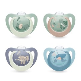 NUK First Choice Day & Night Baby Dummies | 6-18 Months | Orthodontic Dummies that Glow in the Dark | Soothes 99% of Babies** | Assorted | Pack of 4
