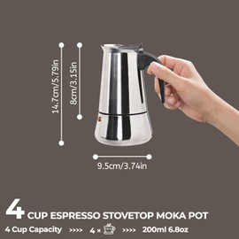 4 Cup 200ml Moka Pot Stainless Steel Espresso Coffee Maker Stovetop Percolator Coffeemaker Italian Classic Style Brewing Greca Cafe Mocha Machine for Cafeteras Lover Camping Travel and Home Use 6.6oz