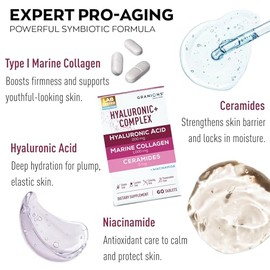 Suplementos de ácido hialurónico de 200 mg – Péptidos de colágeno marino, vitamina B3 niacinamida, suplemento de ceramidas – Complejo de hidratación p