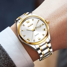 OLEVS Montre Homme, Silver Watches for Men Waterproof Analog Quartz Mens Watches Stainless Steel Luxury Day Date Wrist Watches for Men Diamond Two Tone Simple Male Watches