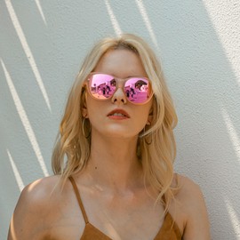 URUMQI Sunglasses for Glasses Wearers, Women's Over-Top Sunglasses, UV400 Protection, Anti-Glare Polarised Sunglasses, Fit Over Glasses, Ultra Light, A14 Matt Pink Frame/Pink Mirrored Lens