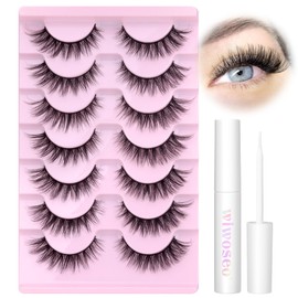 Wispy Lashes Natural Look False Eyelashes with Lash Glue Cat Eye Lashes Kit Lashes Extension with Eyelash Glue Short Mink Lashes Pack, 7 Pairs with Clear Lash Glue by wiwoseo | wiwoseo