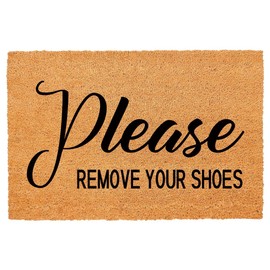 Funny Coir Doormat - Please Remove Your Shoes, Outdoor Welcome Mat for Front Porch & Entrance - Heavy-Duty PVC Back, 23.6 x 15.7 inch