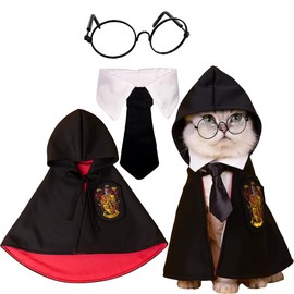 Cat Costumes 3 Piece Set with Glasses and Neckties, Cat Dog Cosplay Costume Set, Perfect for Party and Gifts for Cat Dog (Red&Black, Small)