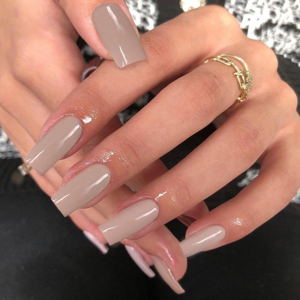 KQueenest Acrylic Press on Nails Long Square, Khaki Grey False