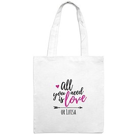 Jute Bag with Name Luisa - Motif All You Need is Love - Colour White - Fabric Bag, Jute Bag, Hipster Bag, White