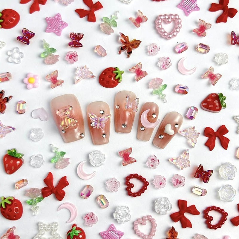 3D Nail Charms Pink Red Cherry Strawberry Flower Nail Charms
