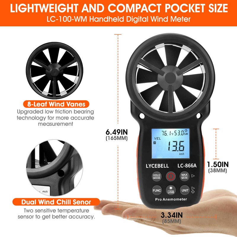 LYCEBELL LC-866A Handheld HVAC Anemometer, Pro Digital Wind Speed for