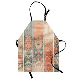 Ambesonne Victorian Apron, Sketchy Design of Baroque Flowers with Wavy Leaves Huddle and Stripes, Unisex Kitchen Bib with Adjustable Neck for Cooking Gardening, Adult Size, Salmon Pale Teal Dusk