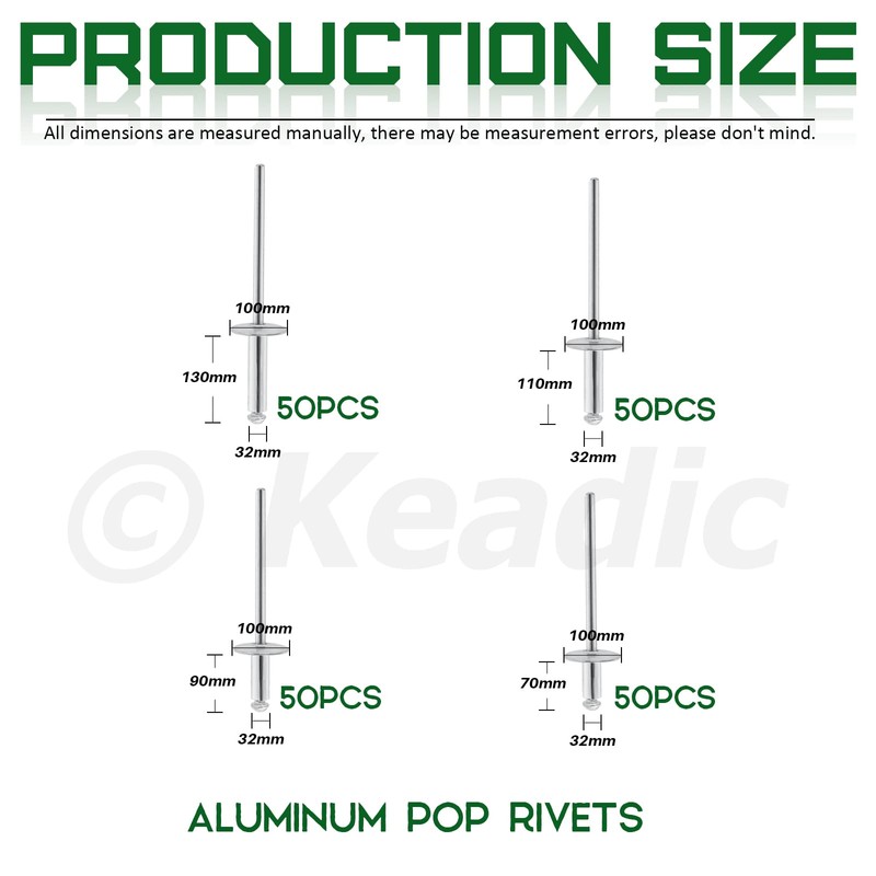 Keadic 200Pcs 4 Sizes 1/8" Aluminum Large Flange Blind Rivets