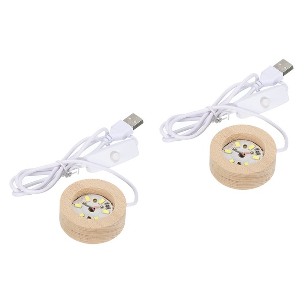 sourcing map LED Wooden Ball Stand Holders Displays Base 5x2cm Warm Light Round USB Switch for Crystal Ball Stone Pack of 2
