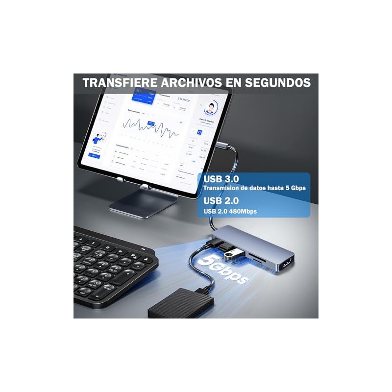 Hub USB C 6 en1, Adaptador Multipuerto USB C para