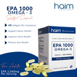 HAIM EPA1000 MINI – Pure EPA Fish Oil Supplement – 1,000mg Omega-3 for Heart, Brain & Joint Health – High Potency, Burpless Softgels – Small, Easy-to-Swallow Capsules – 60 Softgels – Made in USA