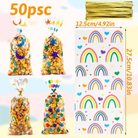 Cxryrzhe 50 Pcs Cellophane Treat Bags Rainbow Star Printed Cellophane Candy Cookies Gift Bags 5"X10.8" with Twist Ties for Snack Bakery Birthday Wedding Party