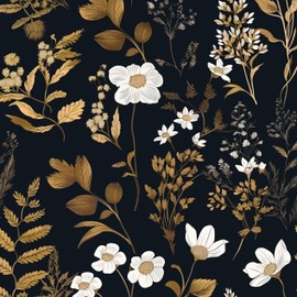 Black Floral Wallpaper Peel and Stick Dark Gold Leaf Contact Paper Waterproof Self-Adhesive Vintage Wall Paper Wall Covering for Bedroom Countertop Desk Cabinets Decor 17.4" x 118" Renter Friendly