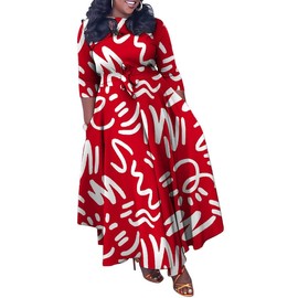 LROSEY Women's Plus Size African Attire Dresses Floral Print Long Sleeve Maxi Dress (Red White, L)
